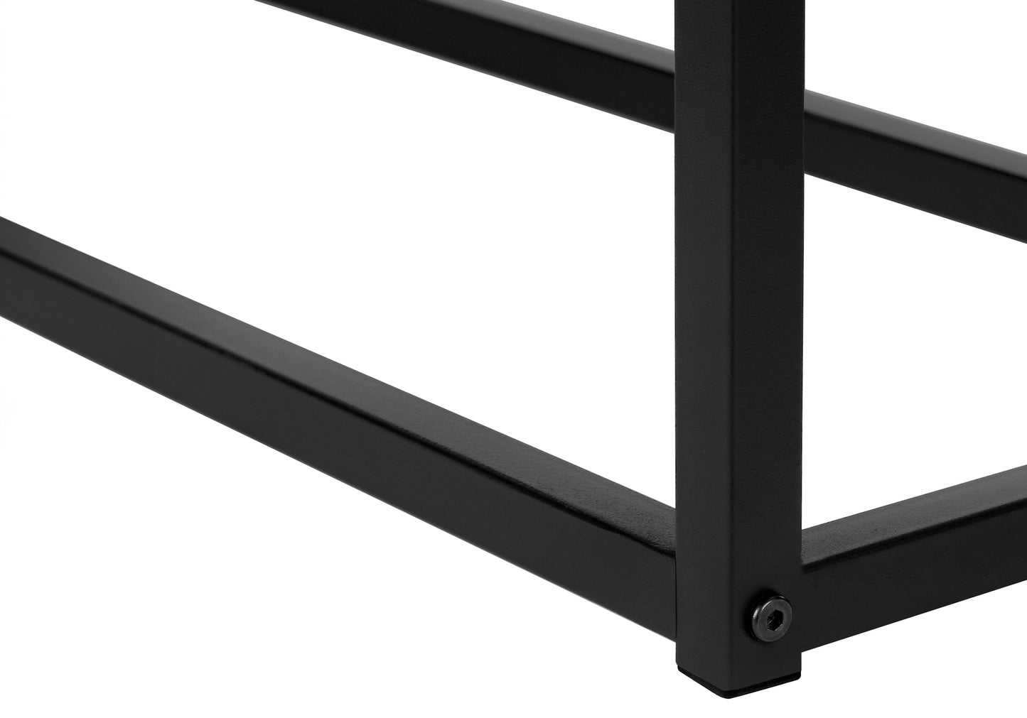 Black metal frame detail showcasing tubular construction with visible screw