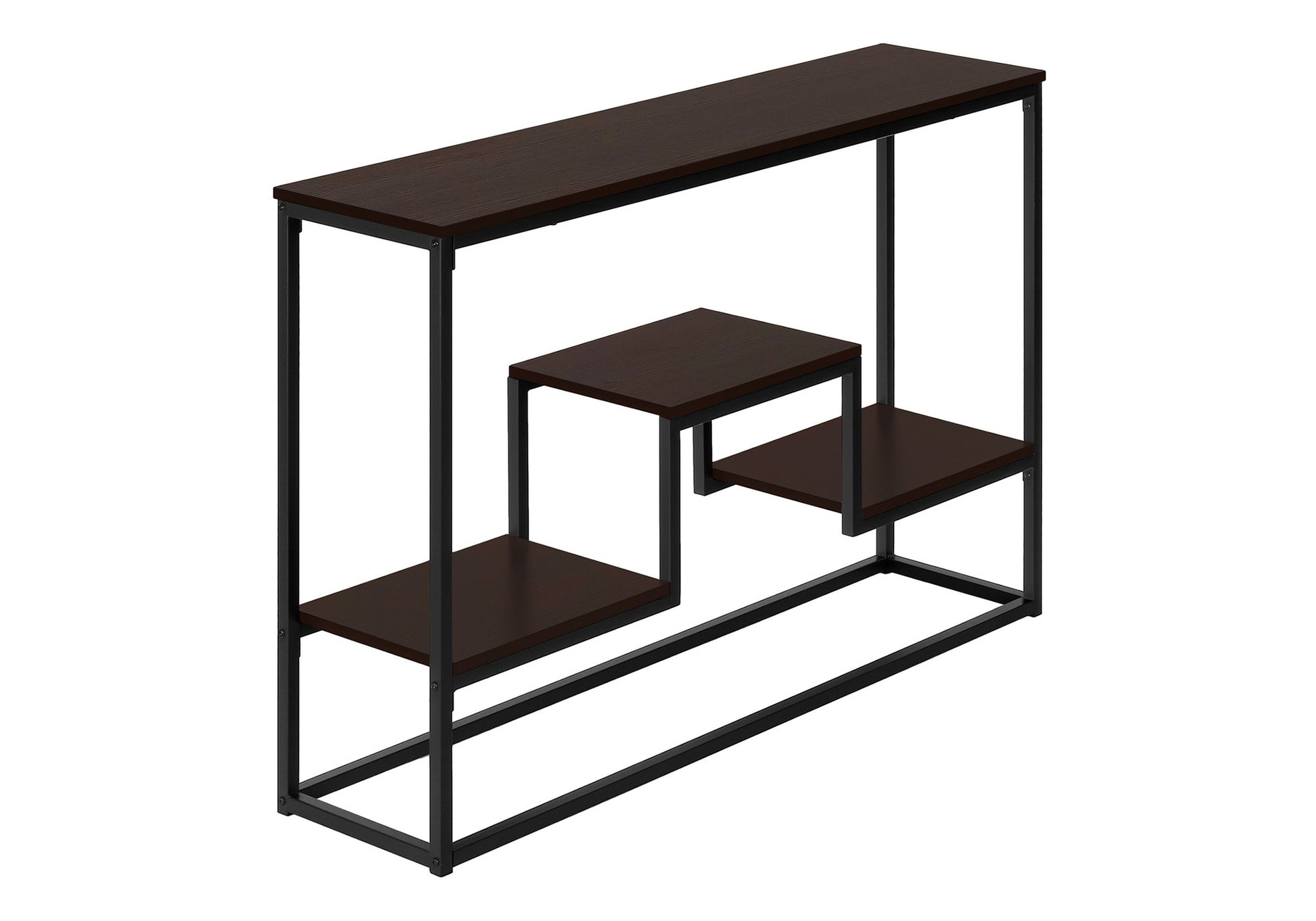 Modern dark wood and black metal narrow console table with tiered shelves