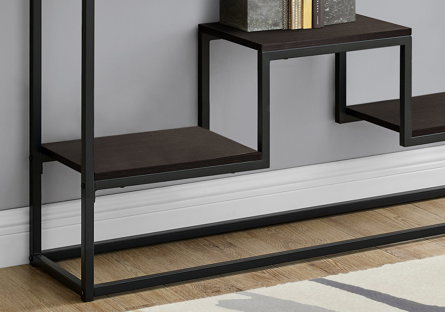 Dark wood and black metal tiered console table modern style