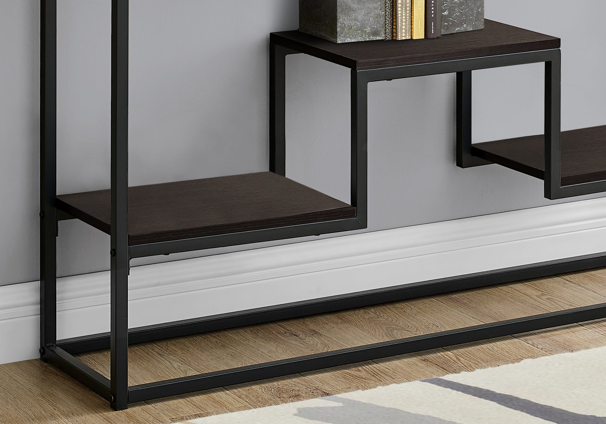 Dark wood and black metal tiered console table modern style