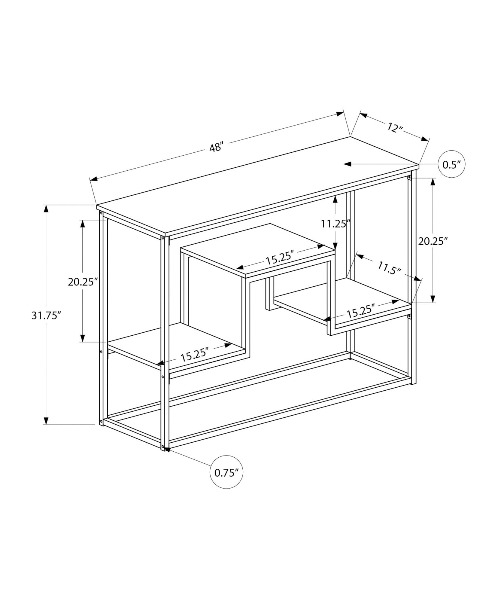 Line drawing of a modern metal console table with dimensions labeled