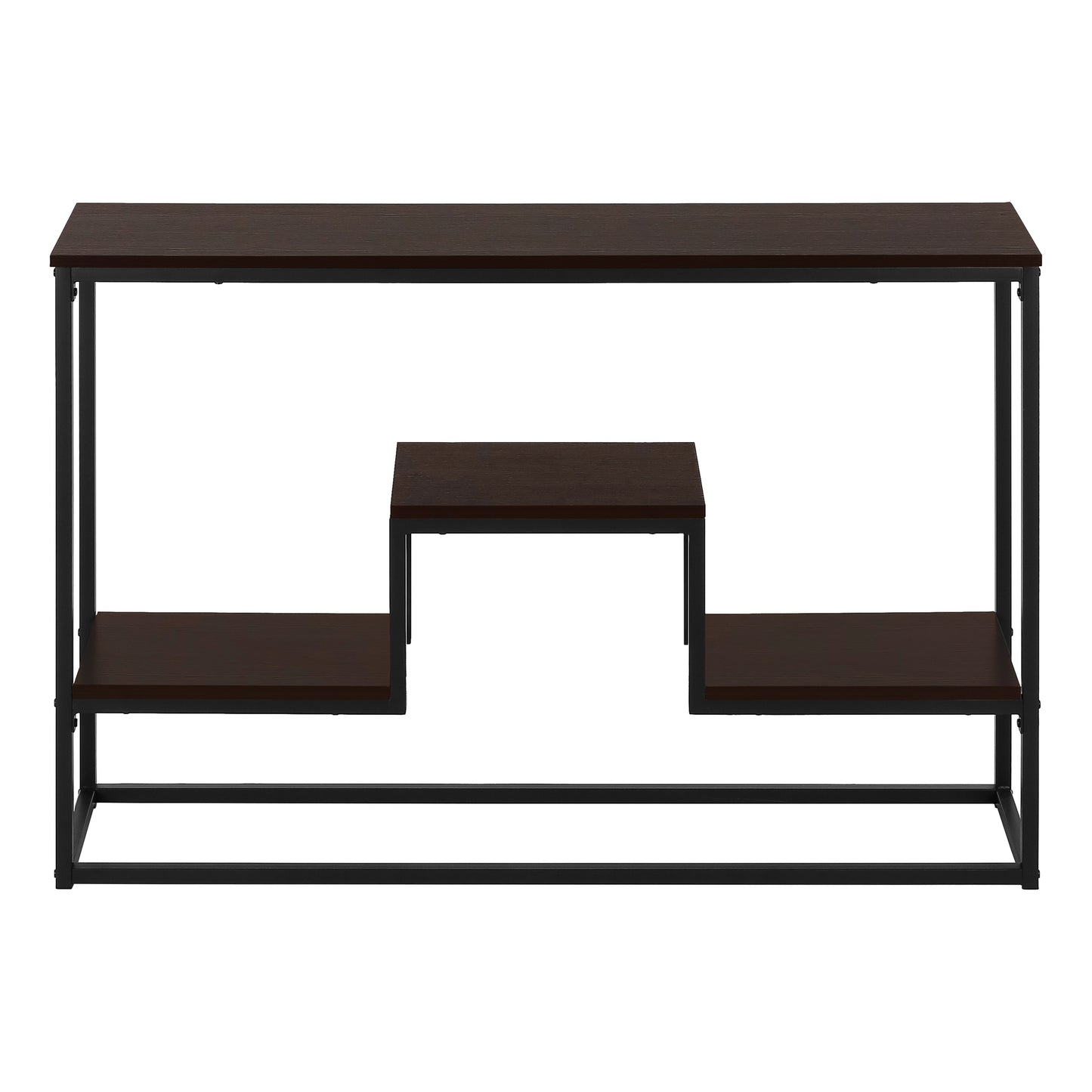 Modern dark wood media console with black metal frame and tiered shelving for entertainment systems