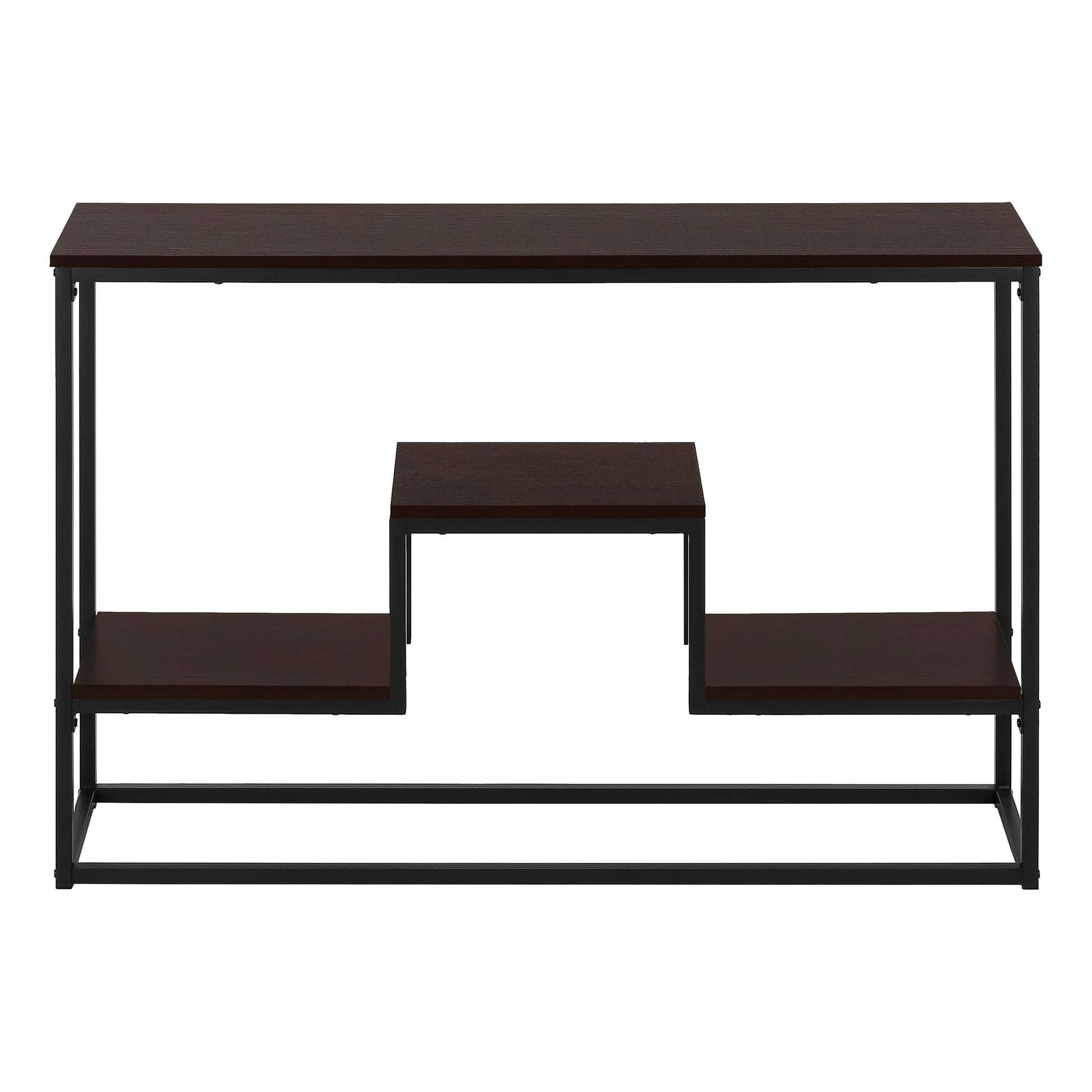 Modern dark wood media console with black metal frame and tiered shelving for entertainment systems