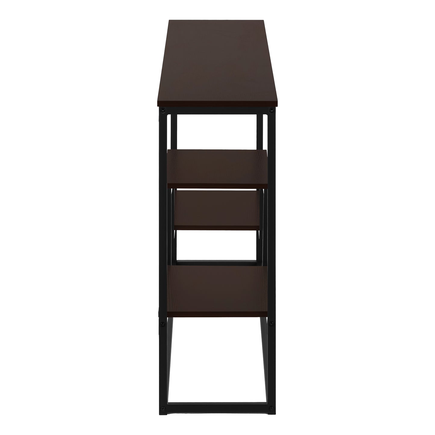 Dark brown particle board shelf with black metal frame tier console table