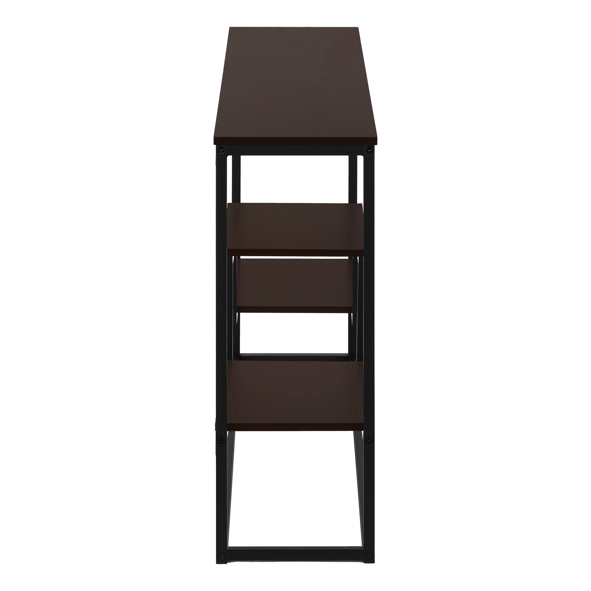 Dark brown particle board shelf with black metal frame tier console table