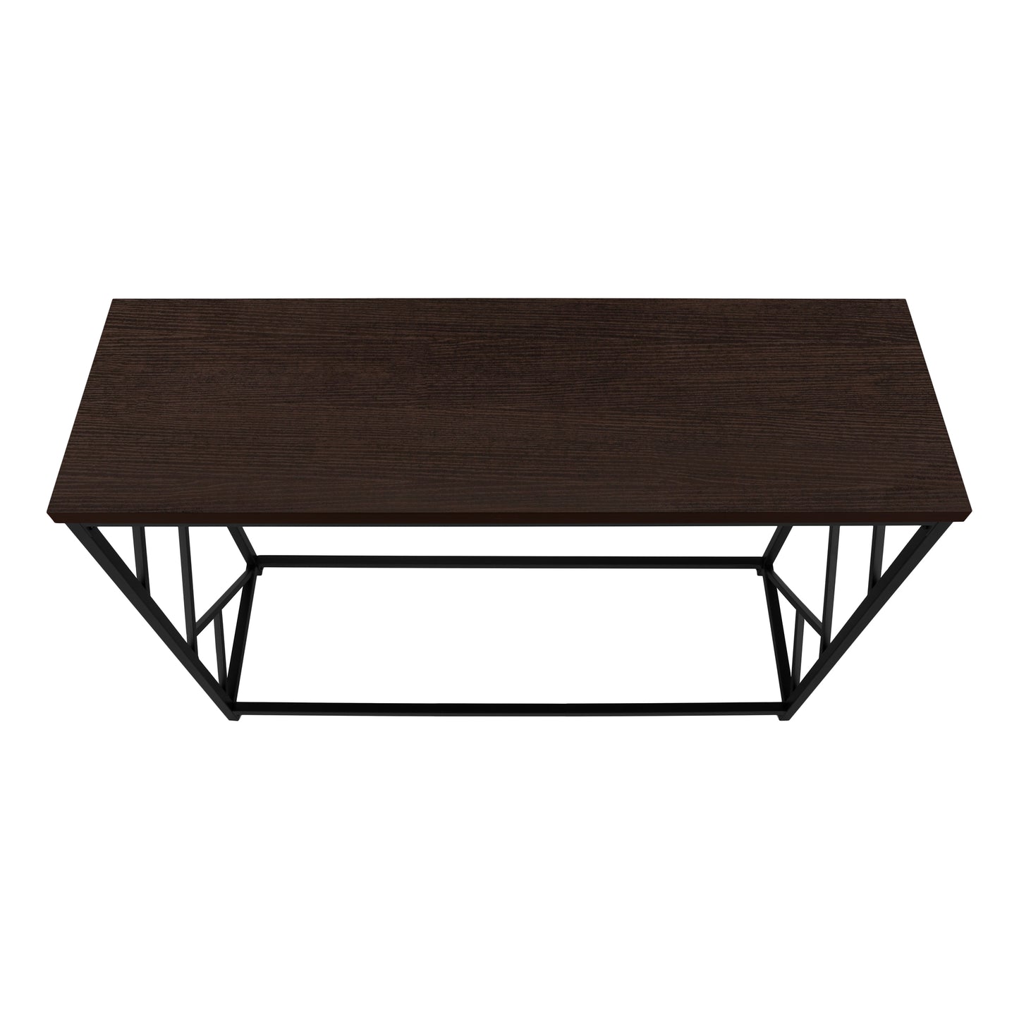 Dark wood grain rectangular coffee table with black metal frame legs