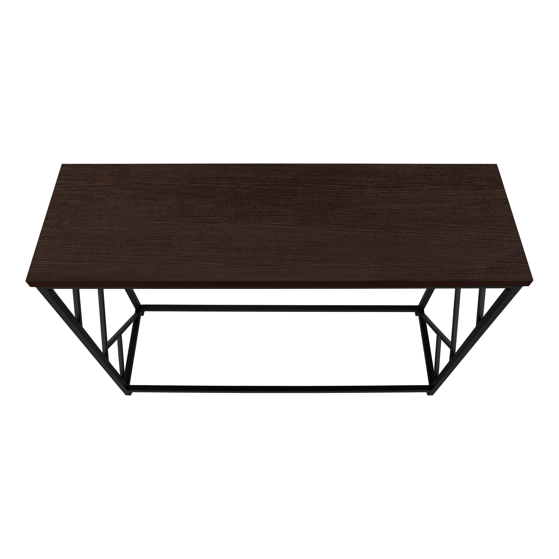 Dark wood grain rectangular coffee table with black metal frame legs