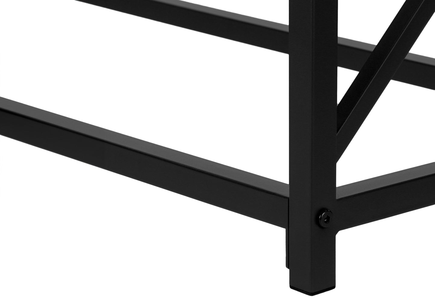 Black metal table legs with crossbar support and visible screw detail