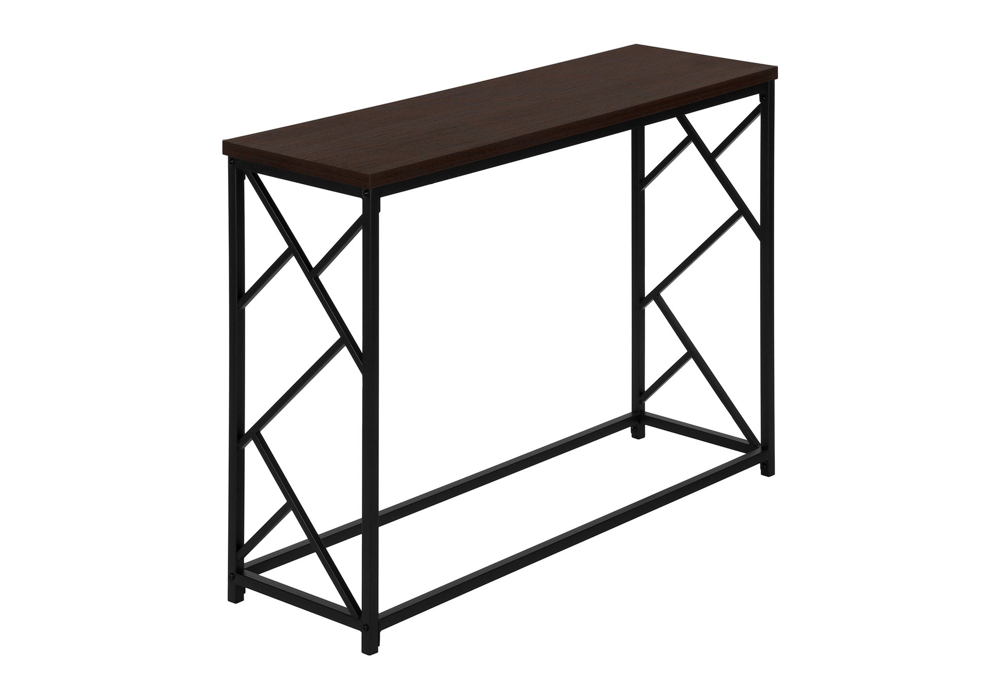 Dark wood console table with black geometric metal frame