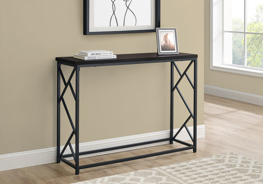 Dark wood console table with geometric black metal base  characters