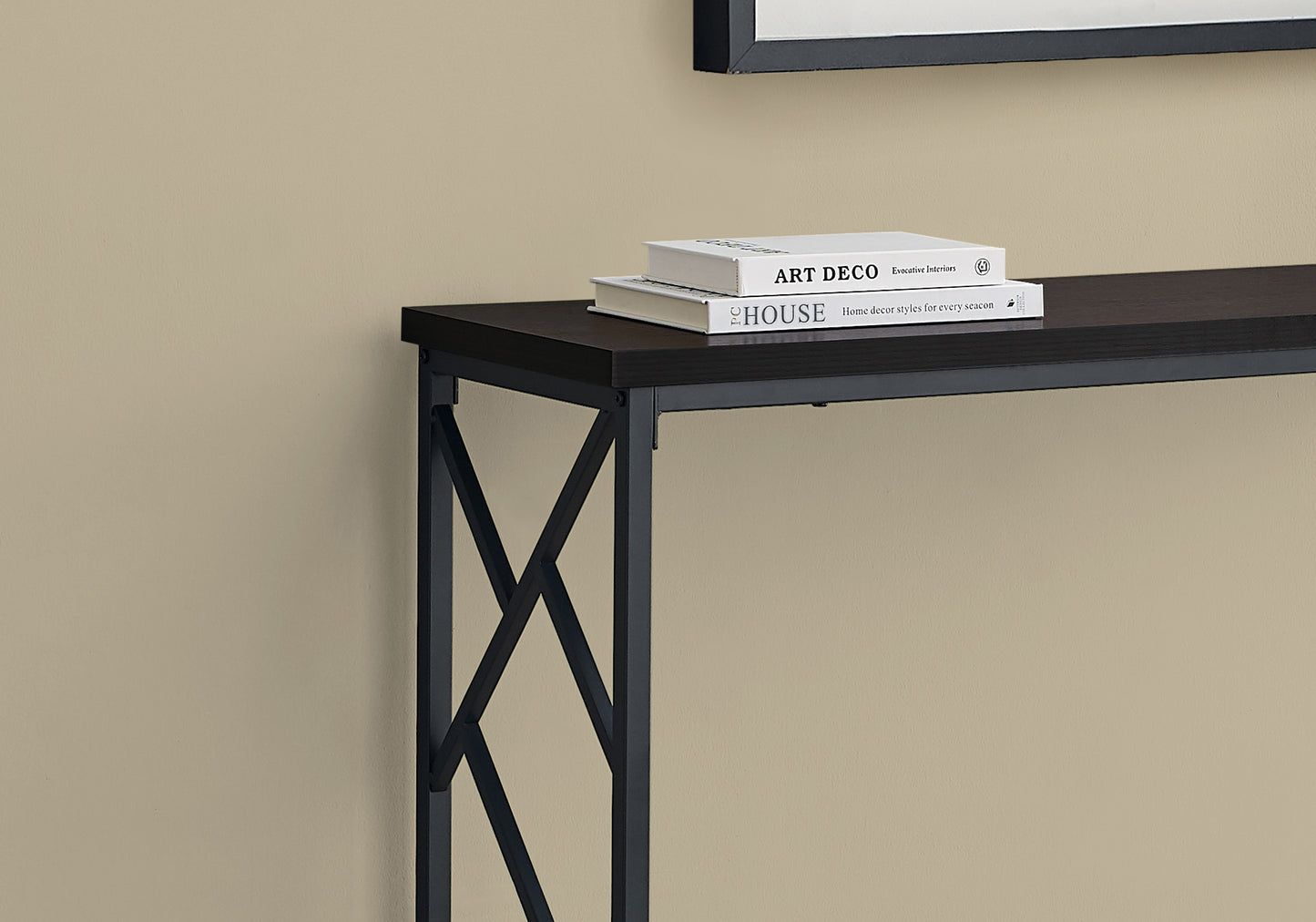 Dark wood entryway console table with black metal Xframe legs