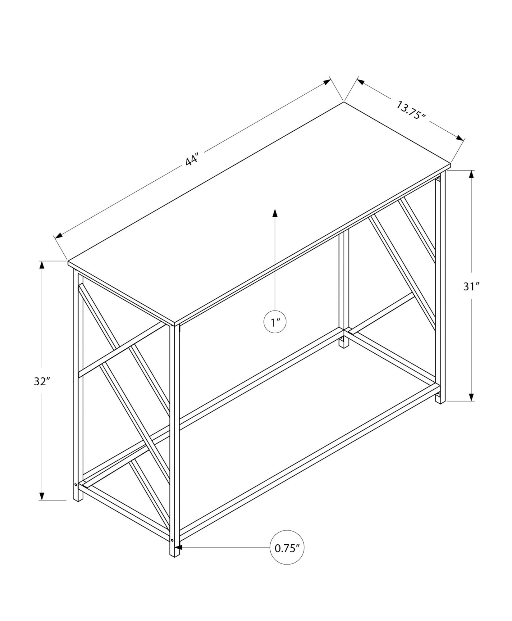 Blueprint schematic of a metal console table  inches long  inches deep  inches high with Xframe legs