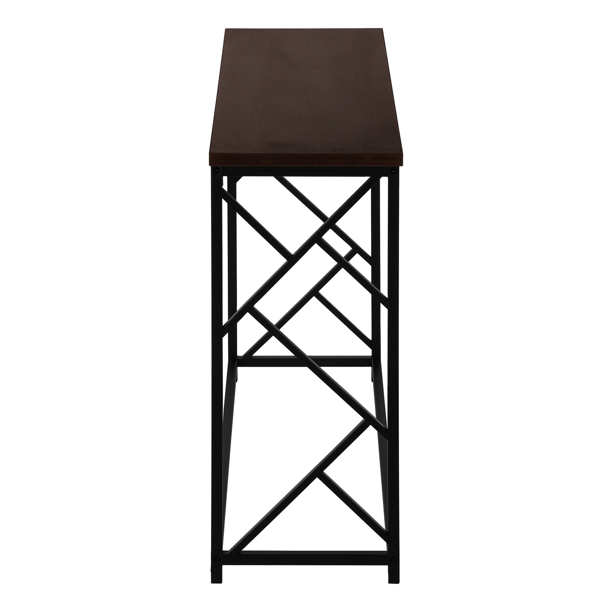 Dark brown wood top console table with black geometric metal base ideal for hallways