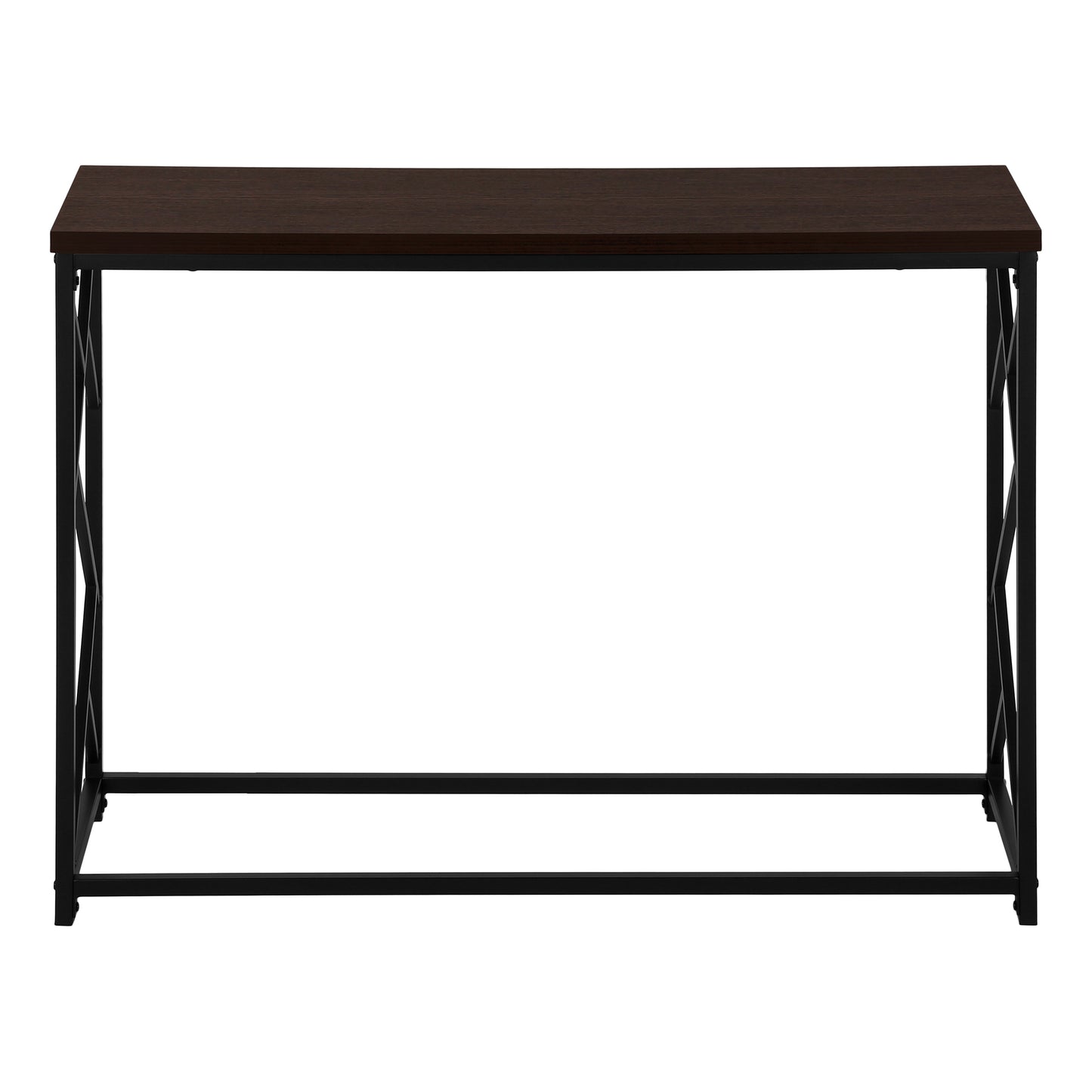 Dark wood console table with black metal industrial frame and Xbrace side detail