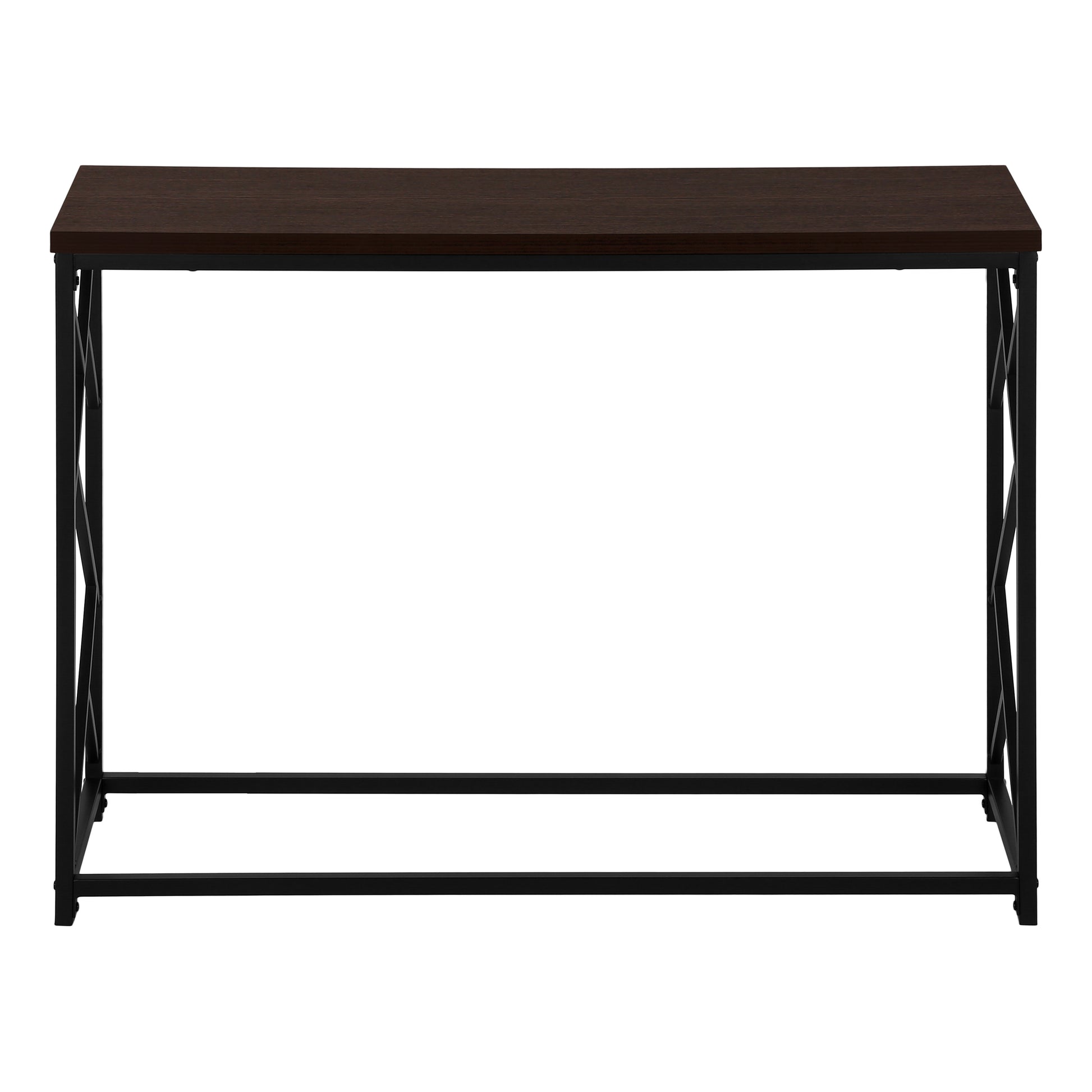 Dark wood console table with black metal industrial frame and Xbrace side detail
