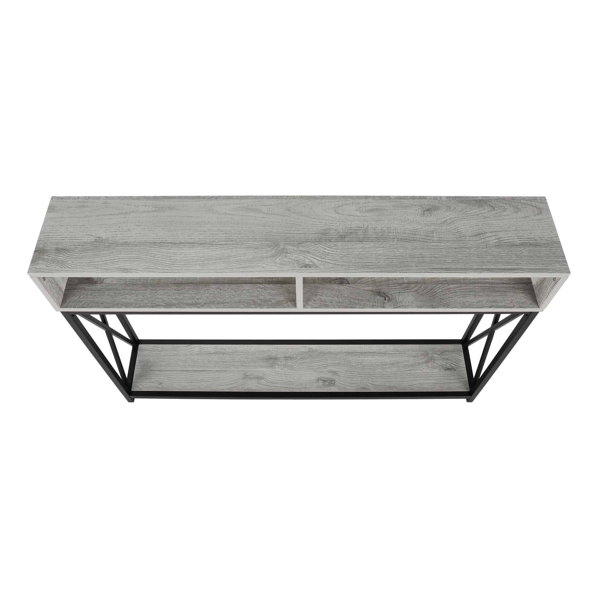 Modern grey wood shelf with black metal frame and two open compartments