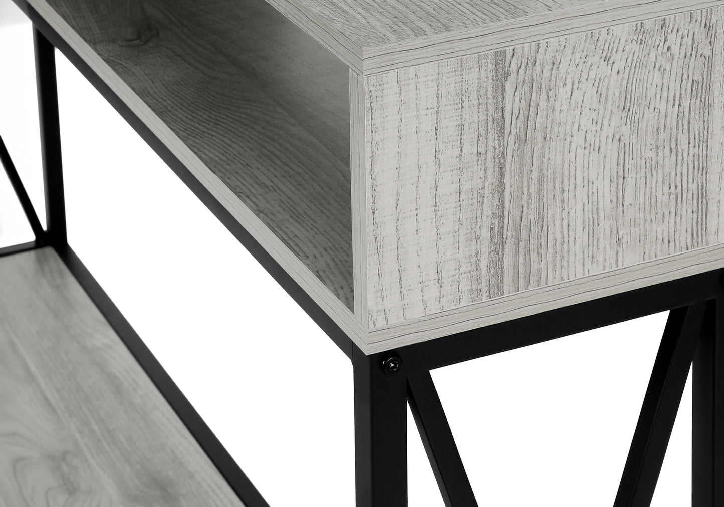 Modern gray wood bookshelf with black metal frame closeup view