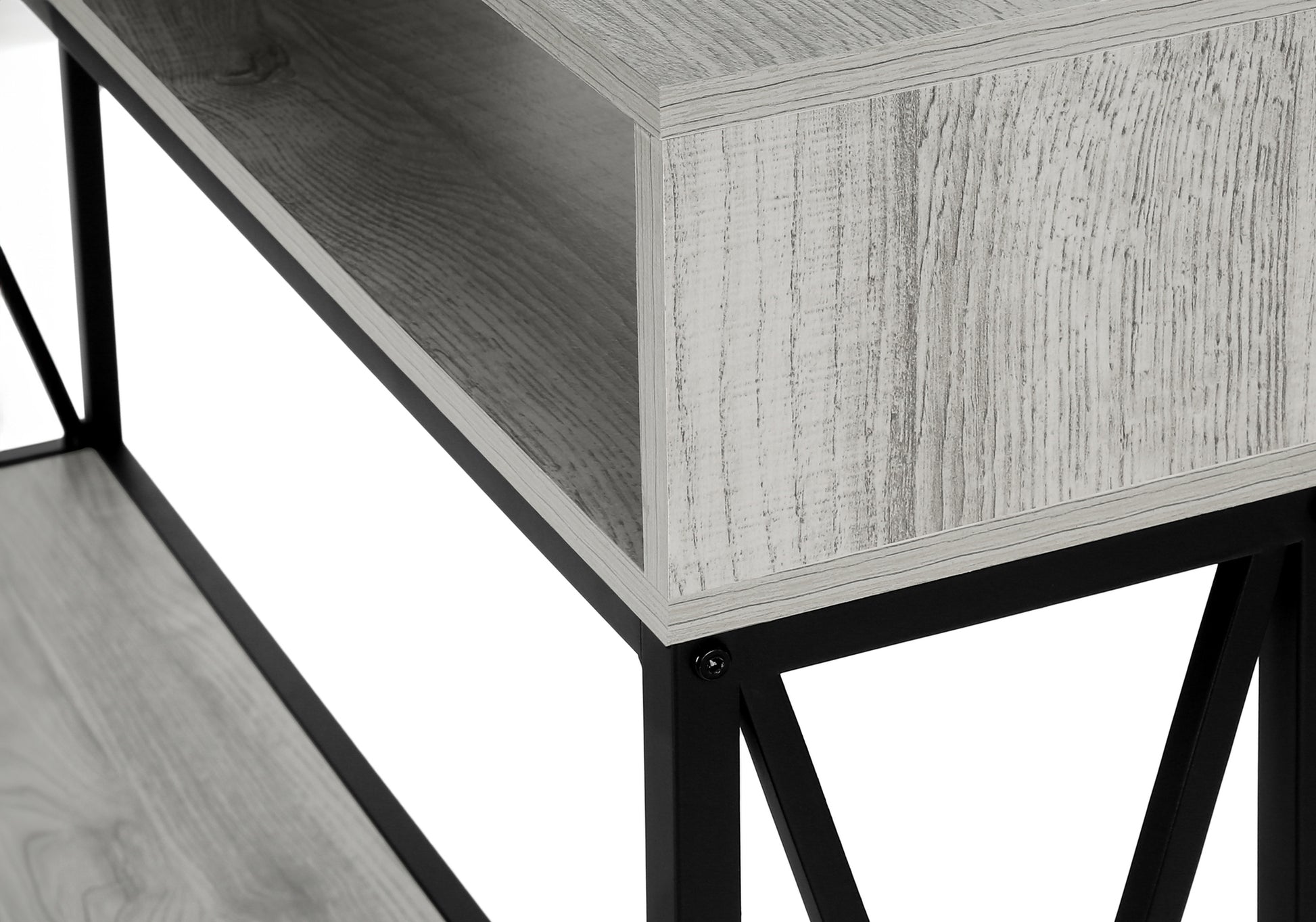 Modern gray wood bookshelf with black metal frame closeup view