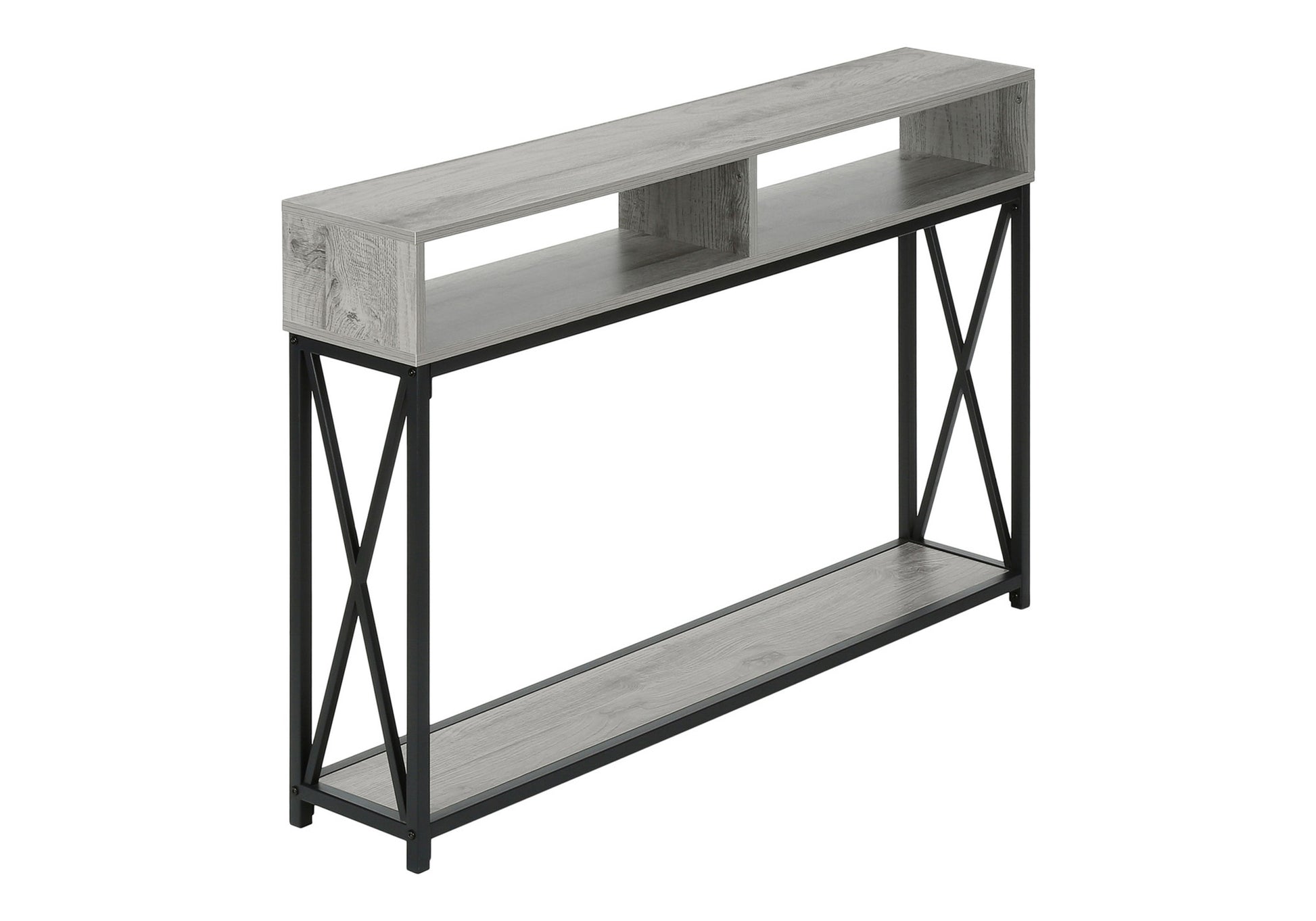 Narrow gray wood console table with black metal frame and two shelves ideal for entryways