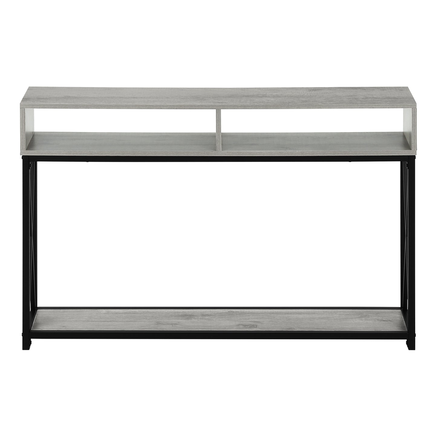 Modern grey wood console table with black metal frame and two open shelves