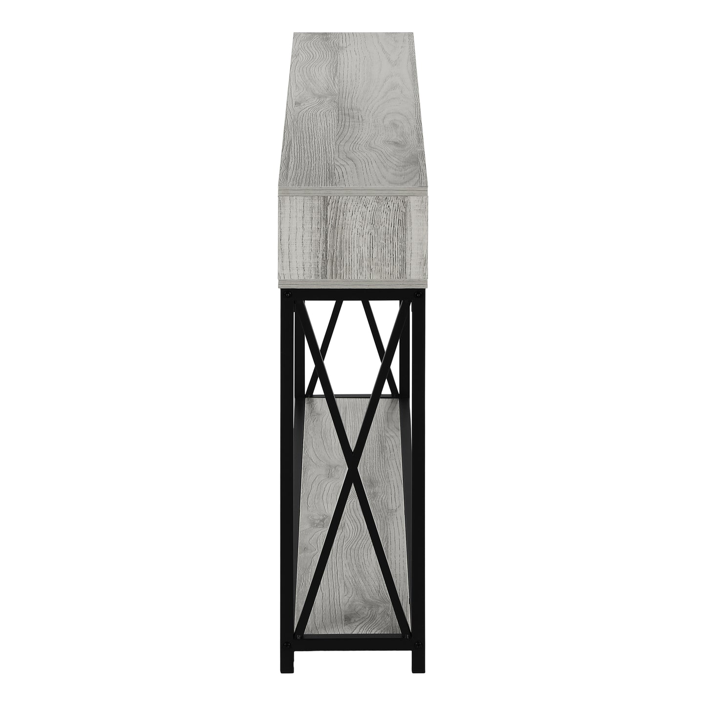 Distressed gray wood console table with black metal frame and two open shelves