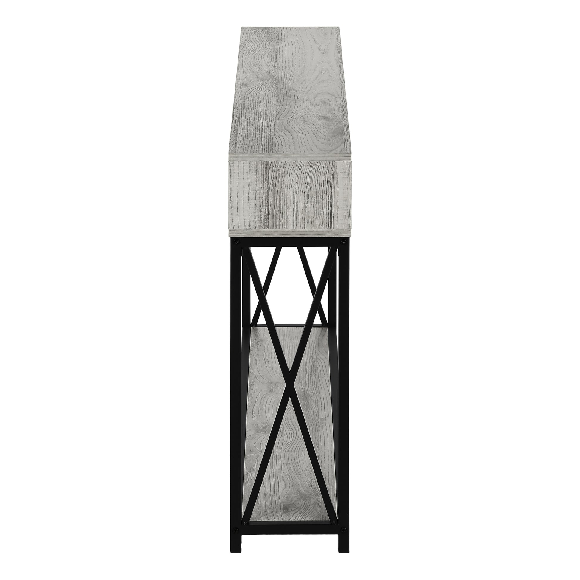Distressed gray wood console table with black metal frame and two open shelves