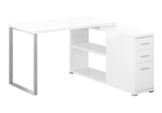 Modern white Lshaped desk with silver metal legs and two shelves