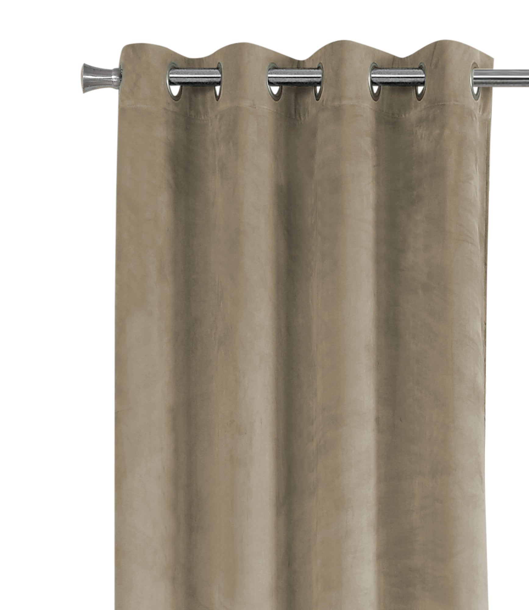 Taupe velvet grommet curtains with a soft texture