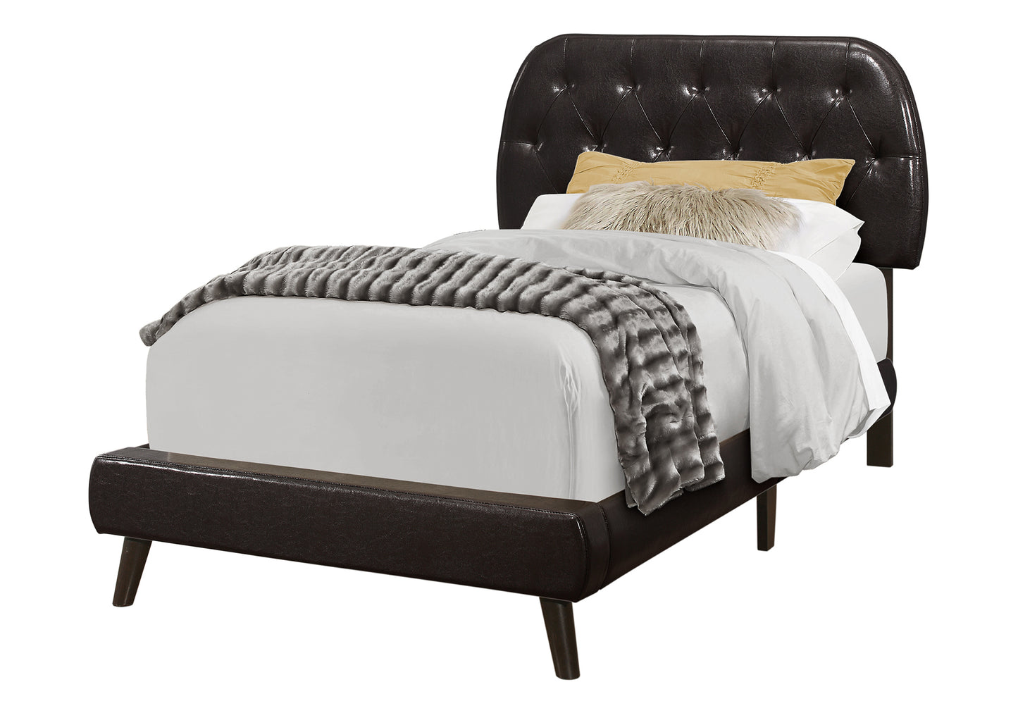 Dark brown tufted faux leather twin bed frame with curved headboard and angled legs
