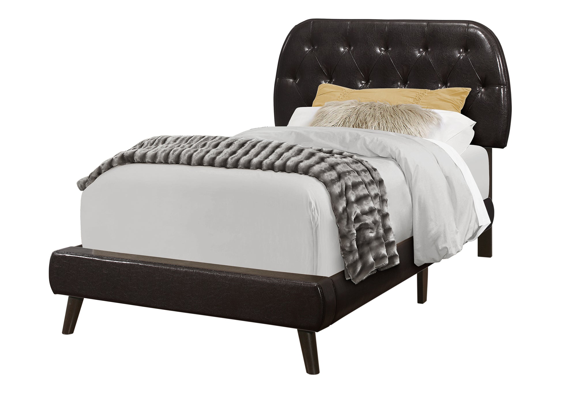 Dark brown tufted faux leather twin bed frame with curved headboard and angled legs