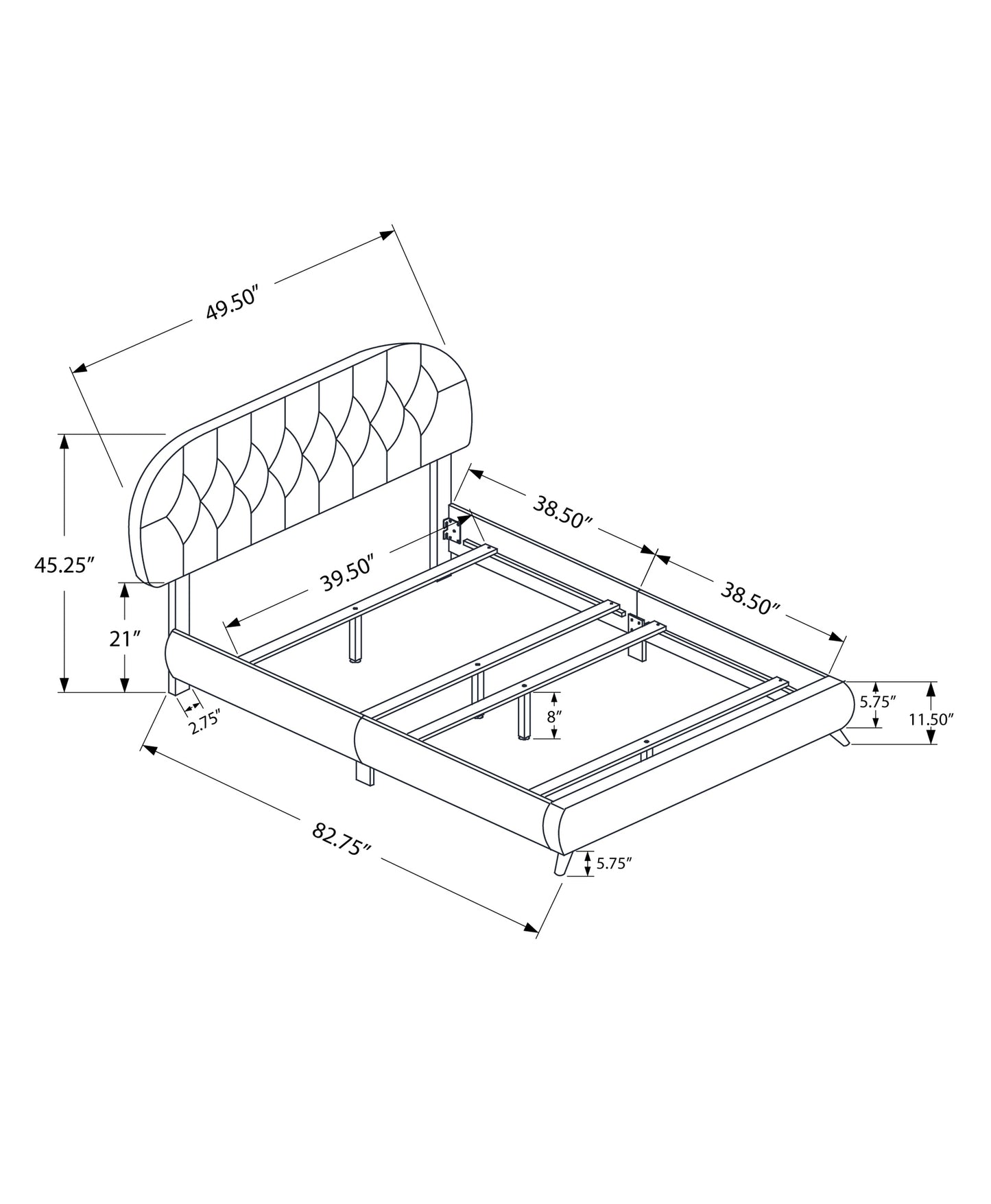 Diagram of a tufted headboard queen bed frame with dimensions