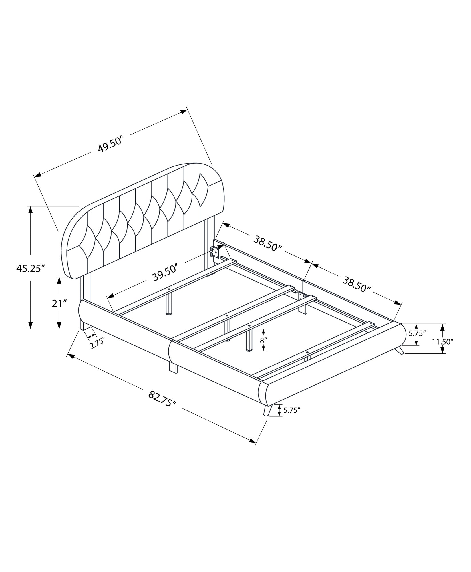 Diagram of a tufted headboard queen bed frame with dimensions