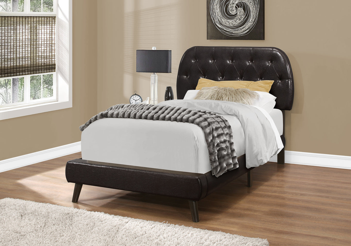 Dark brown faux leather twin bed with button tufted headboard and sleek modern design