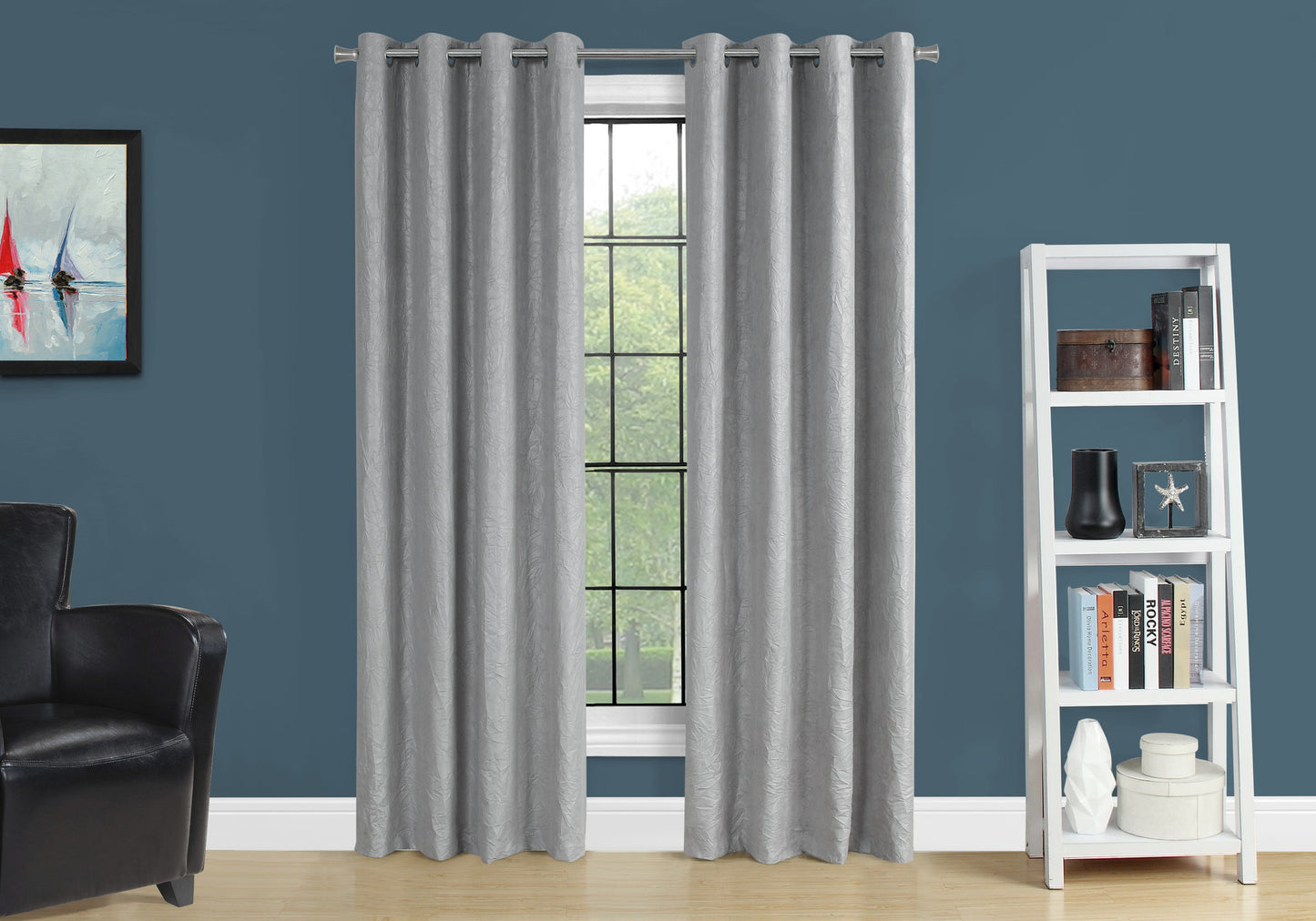 Textured grey blackout curtains with grommet top for privacy