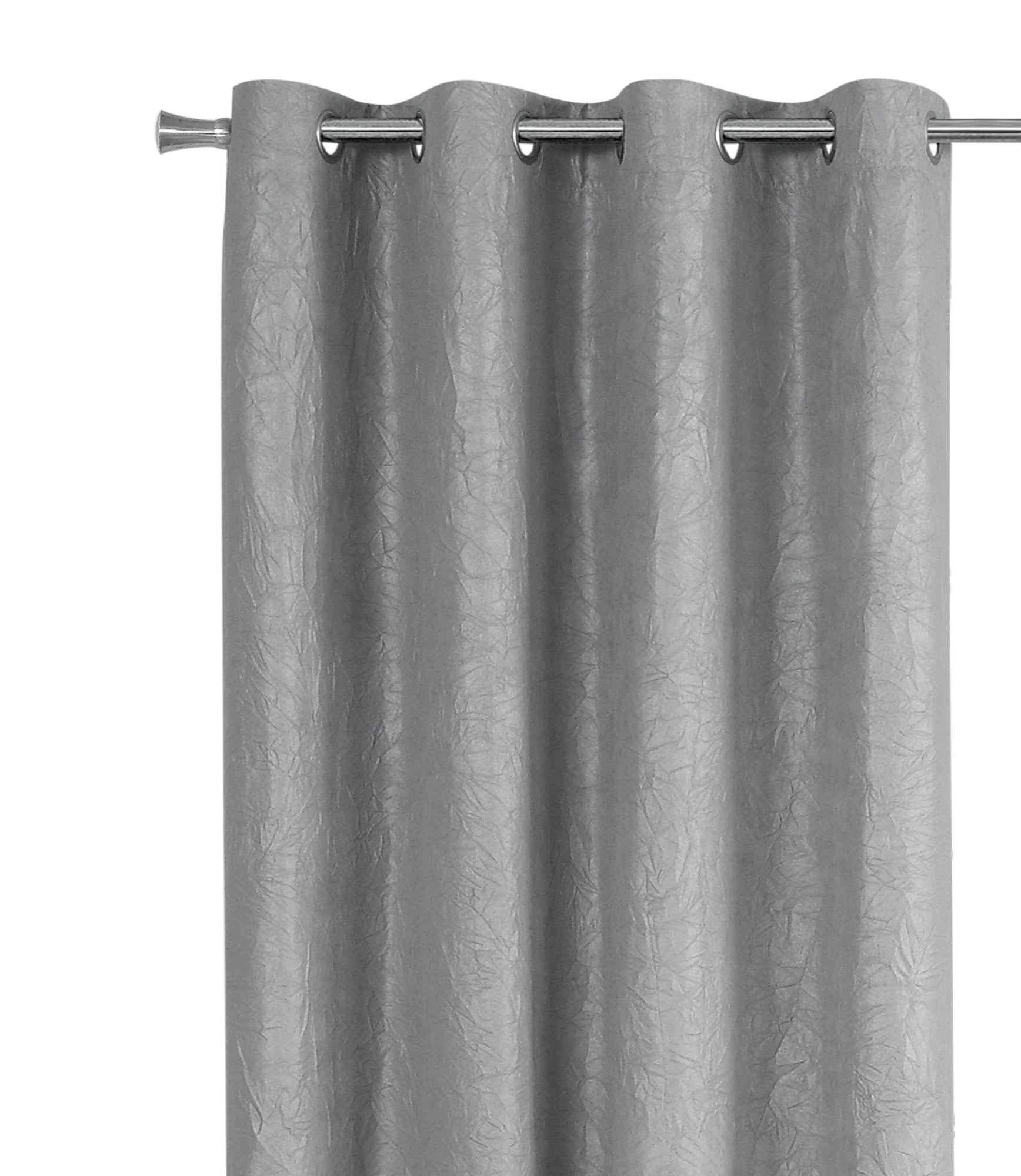 Silver textured grommet curtain panel adds elegance to any living room window