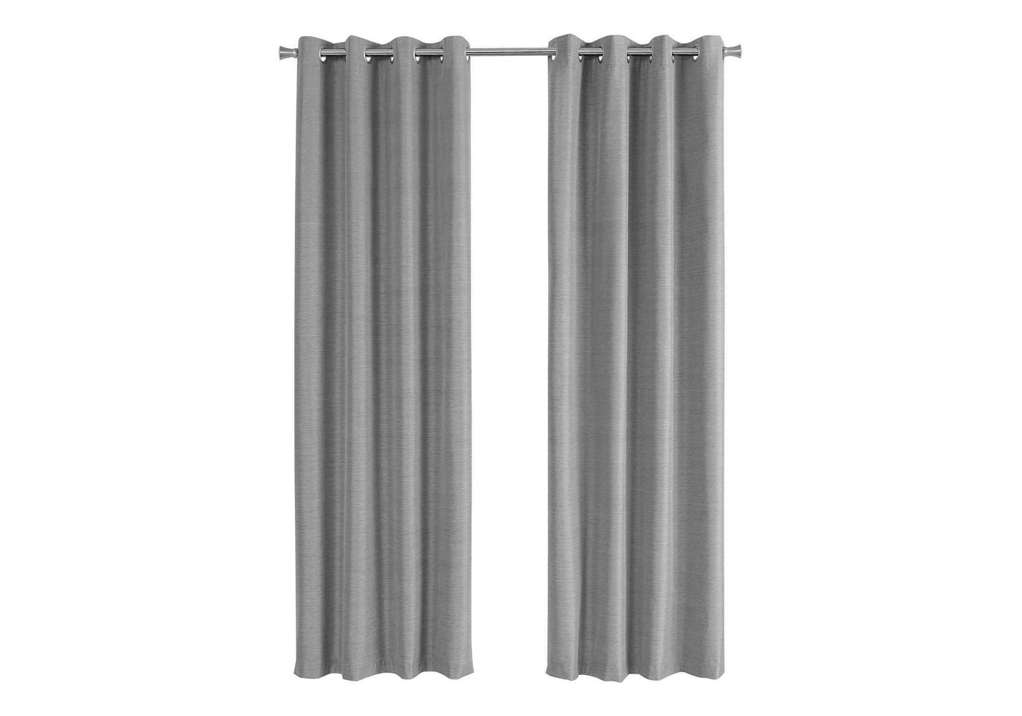 Two plain grey grommet curtains hanging on a metal rod