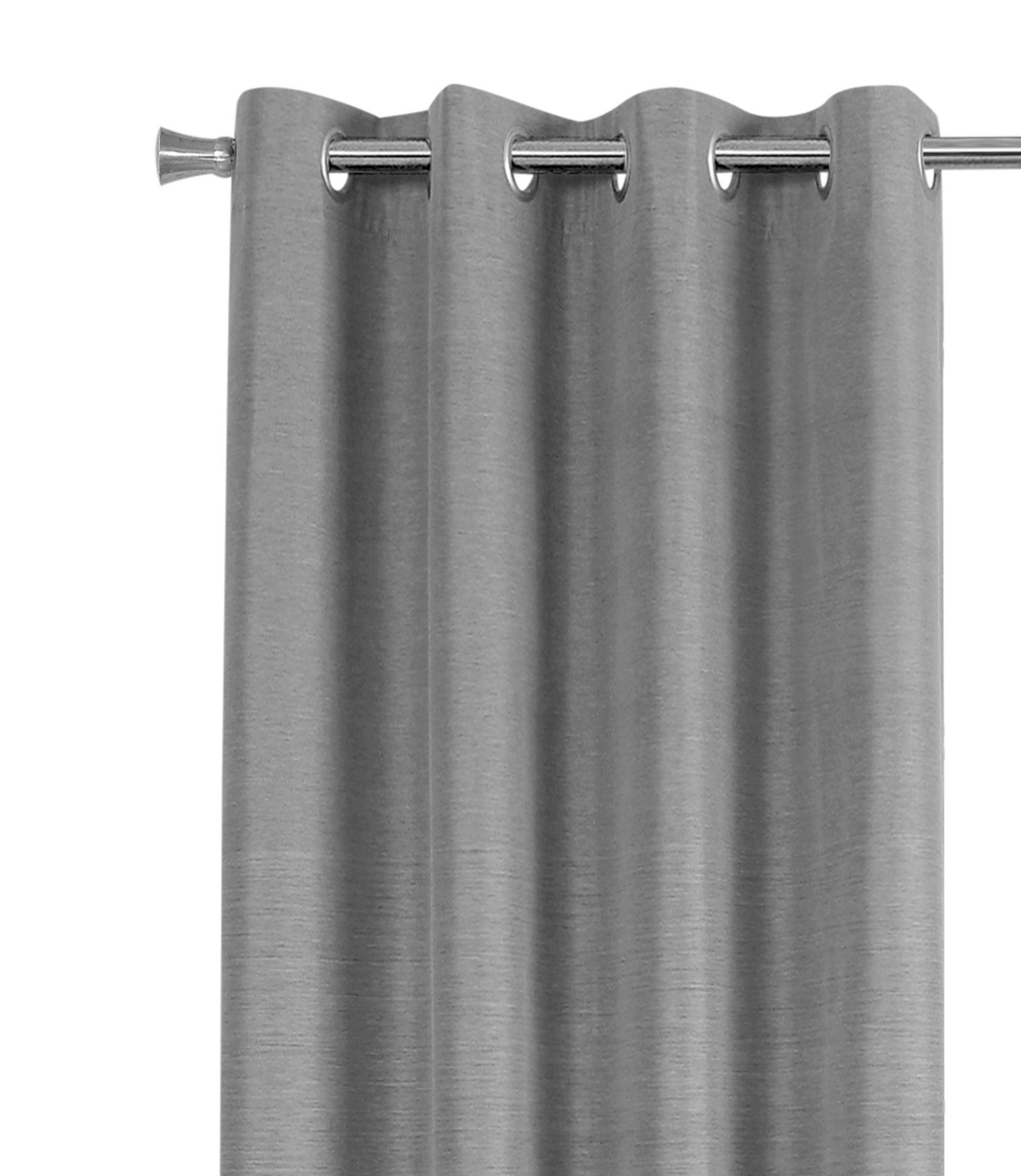 Closeup of a silver grommet curtain with a subtle texture on a silver rod
