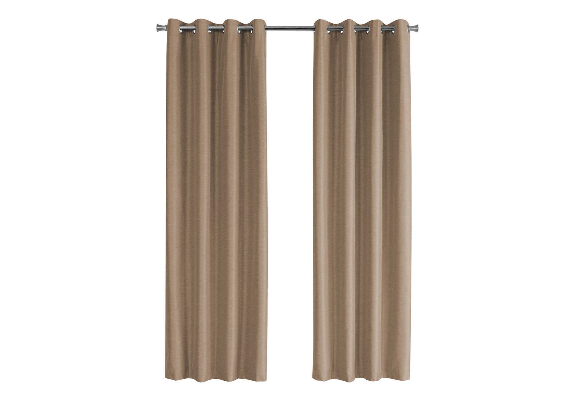 Two taupe grommet curtains hanging on a silver curtain rod creating a warm neutral window treatment