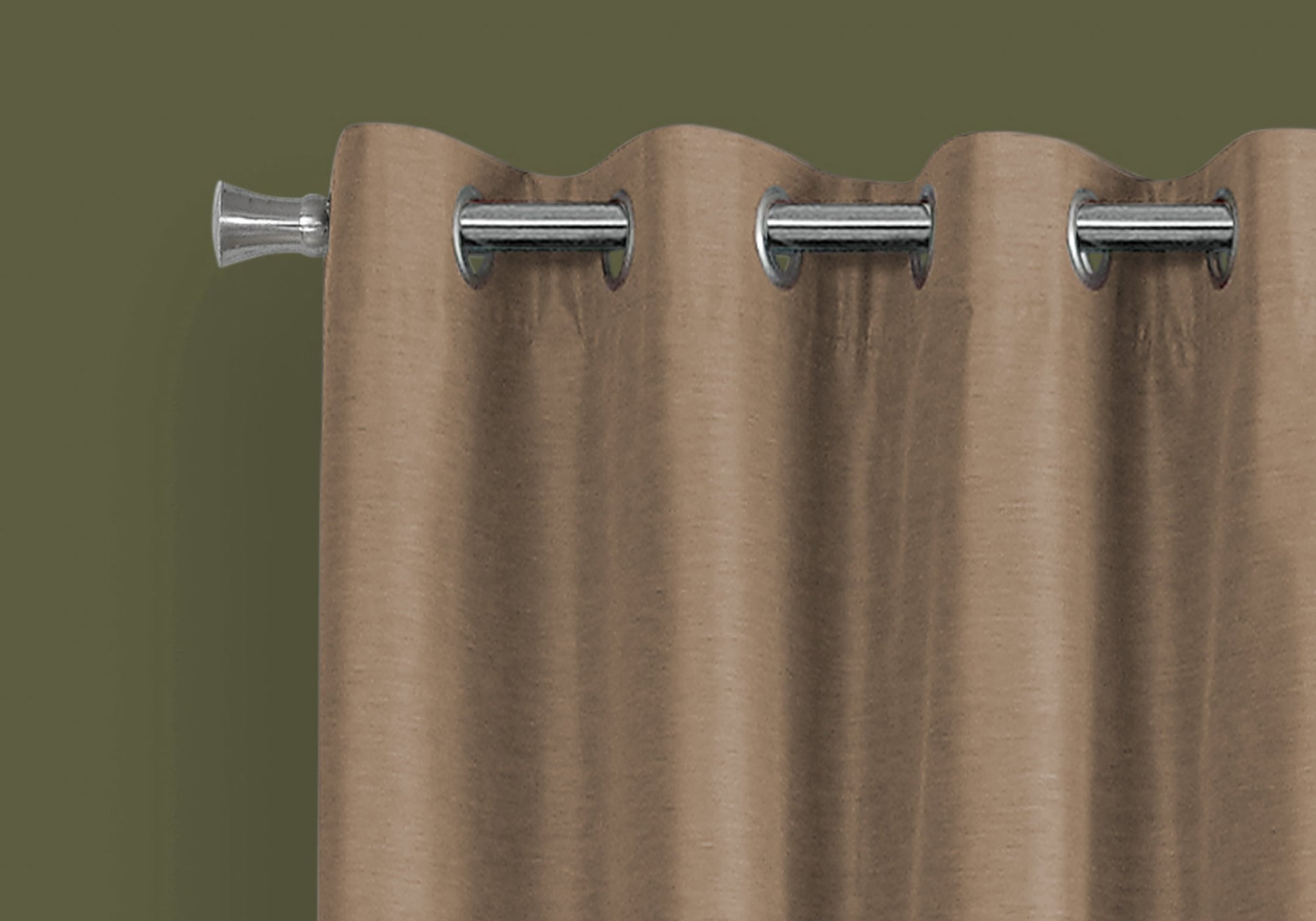 Taupe grommet curtain with silver metal rod and decorative finial