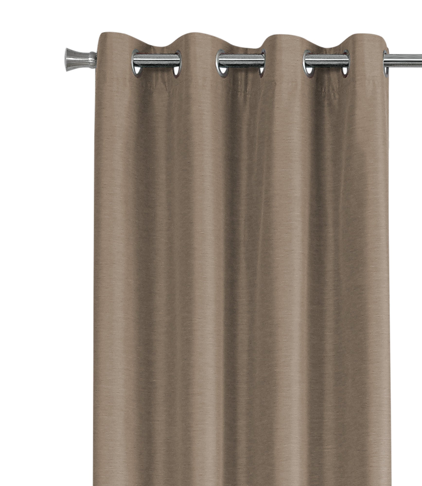 Taupe grommet curtains with a subtle woven texture hung on a silver rod