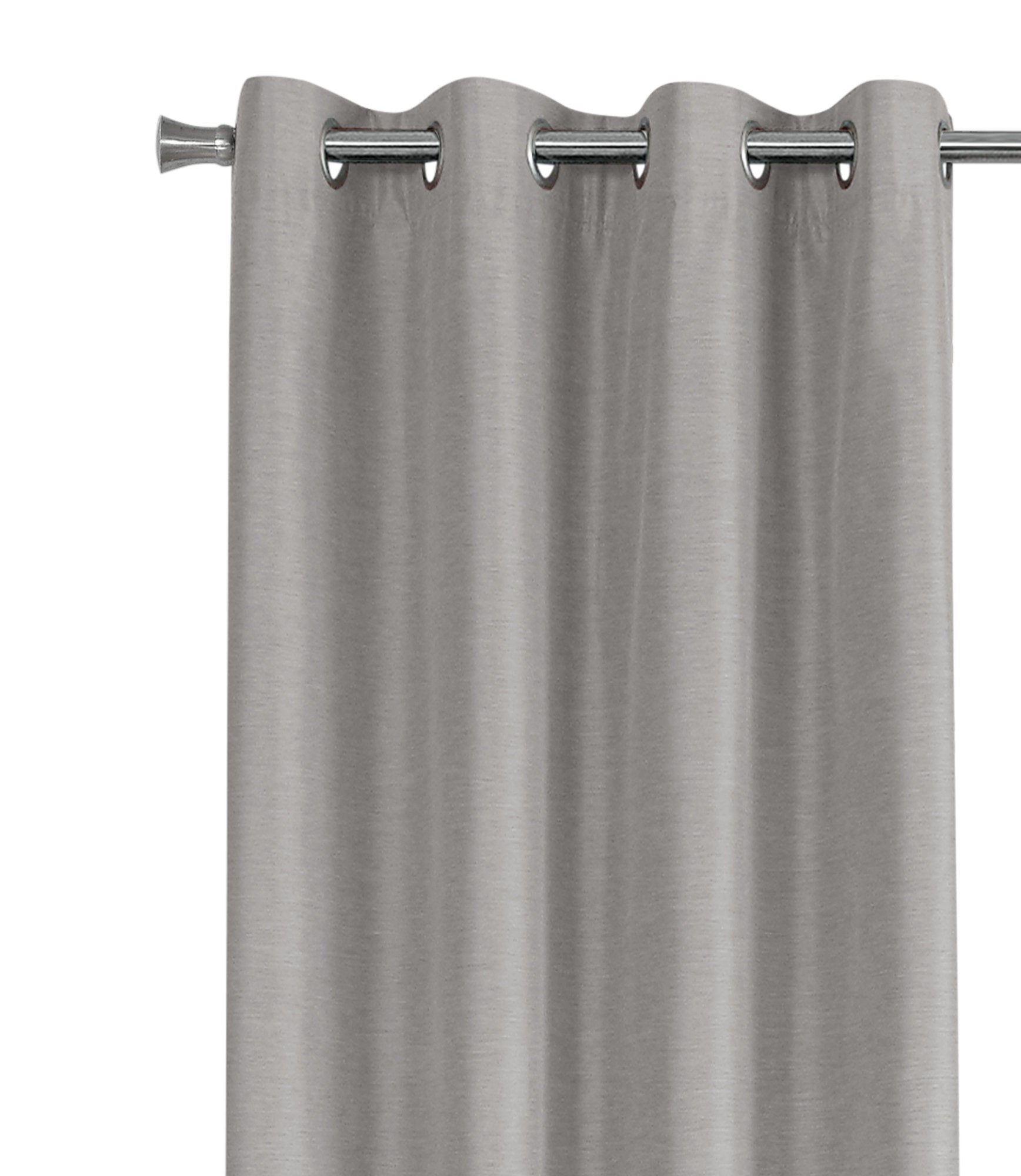 Gray grommet blackout curtain with silver rod detail