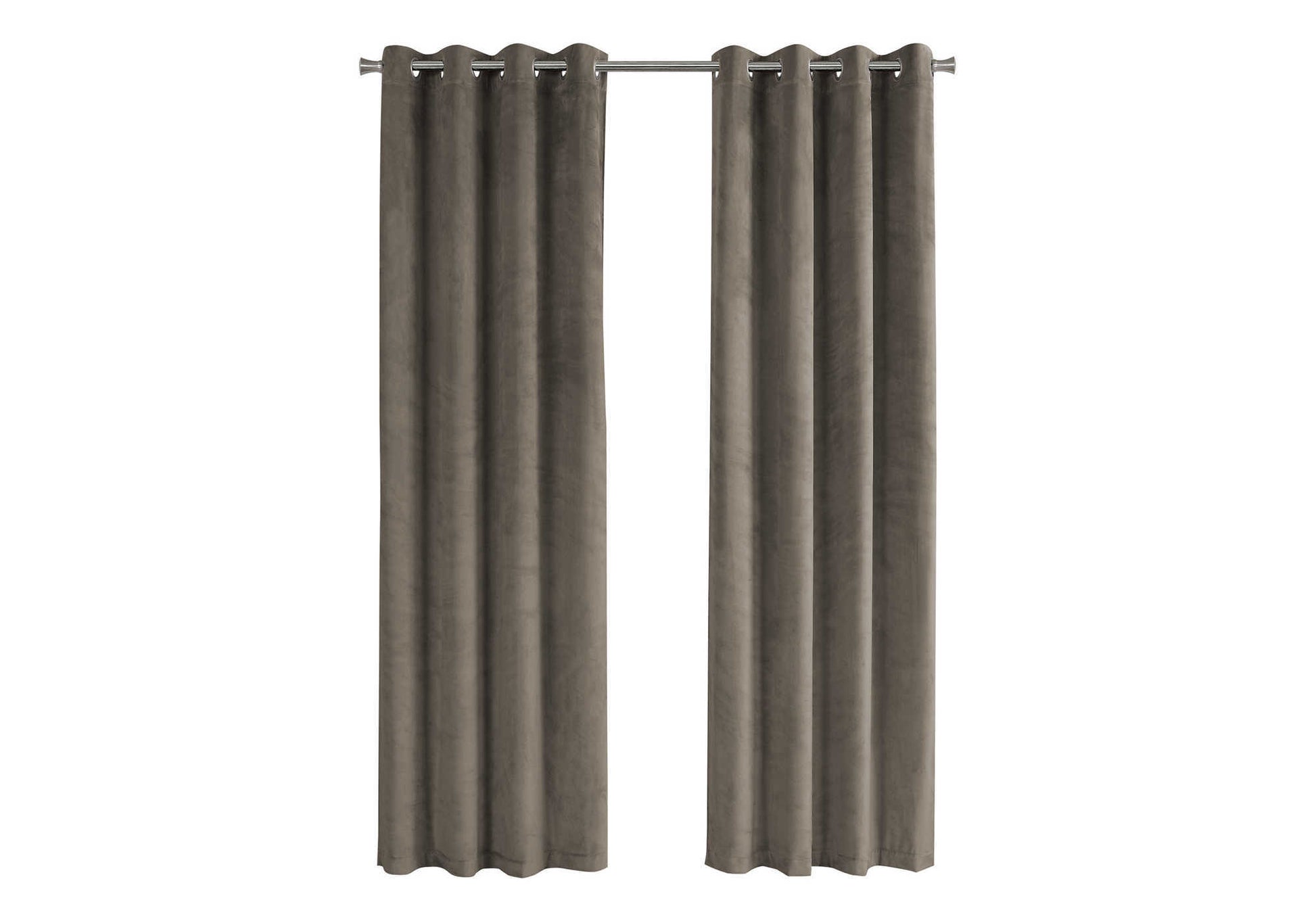 Two taupe velvet grommet curtains hanging on a metal rod for home decor