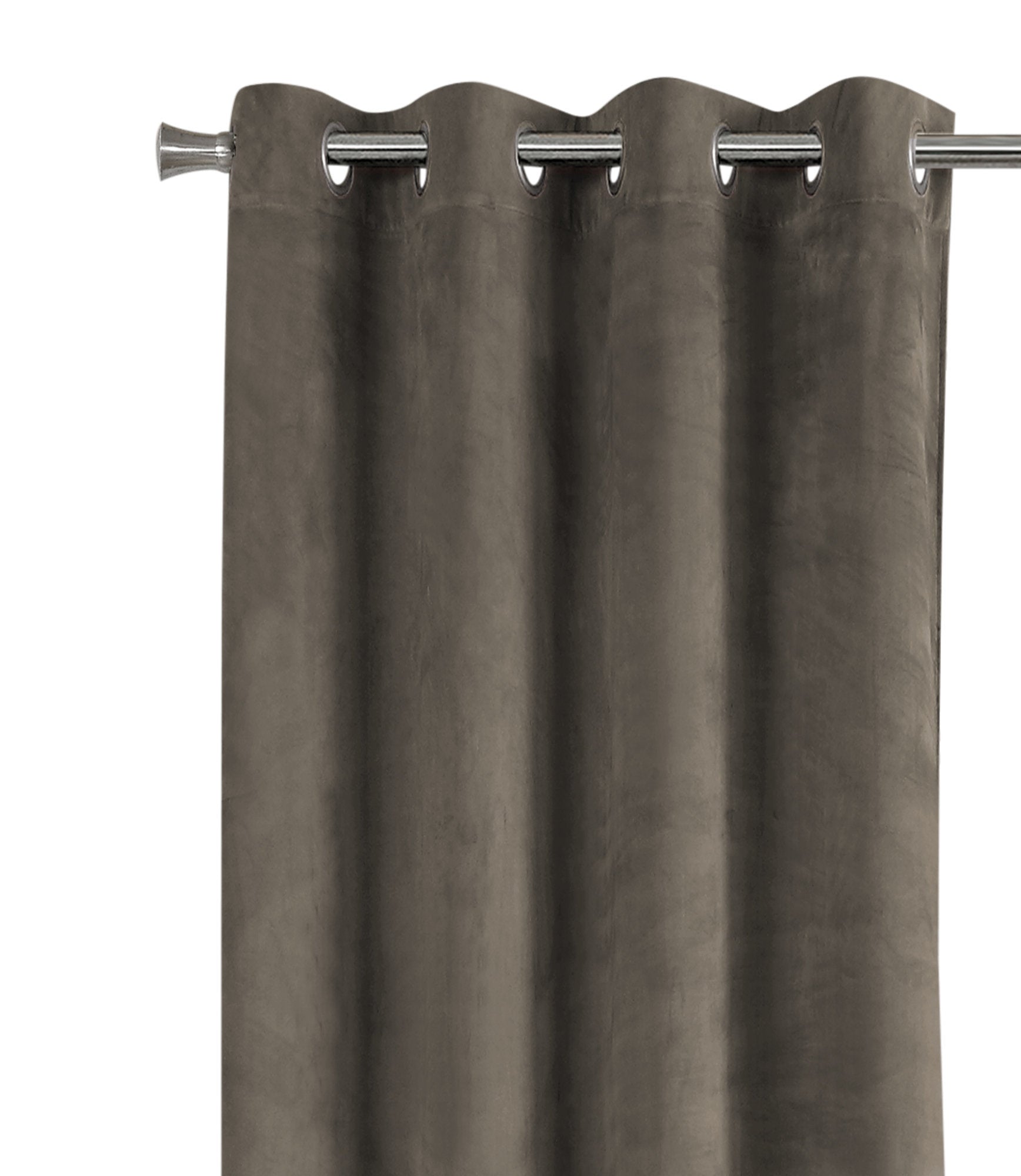 Charcoal grey velvet grommet curtain with silver rod