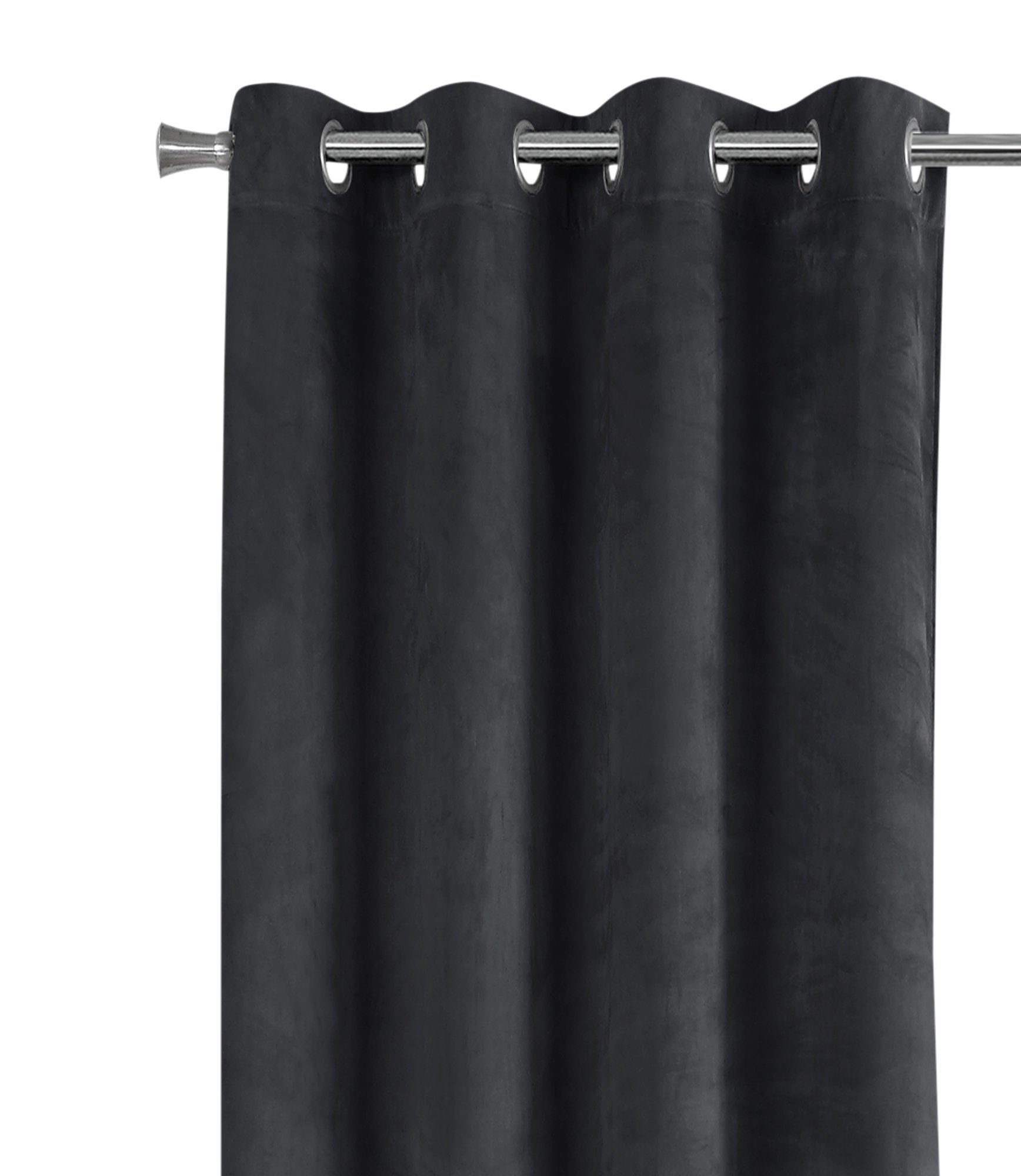 Textured charcoal grey velvet grommet curtains on a silver rod