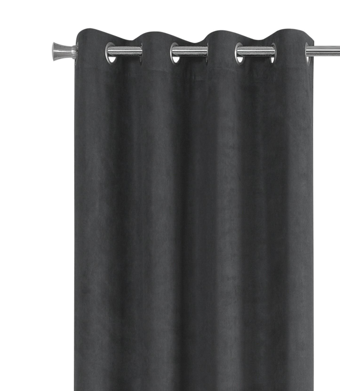 Charcoal grey velvet grommet curtain textured fabric with silver rod detail