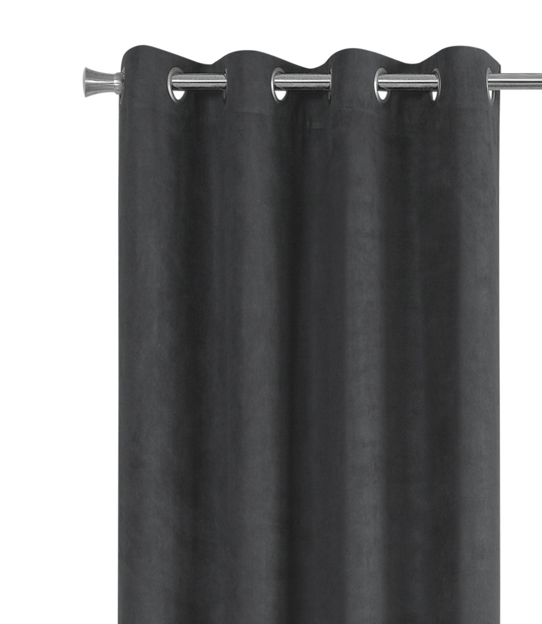 Charcoal grey velvet grommet curtain textured fabric with silver rod detail