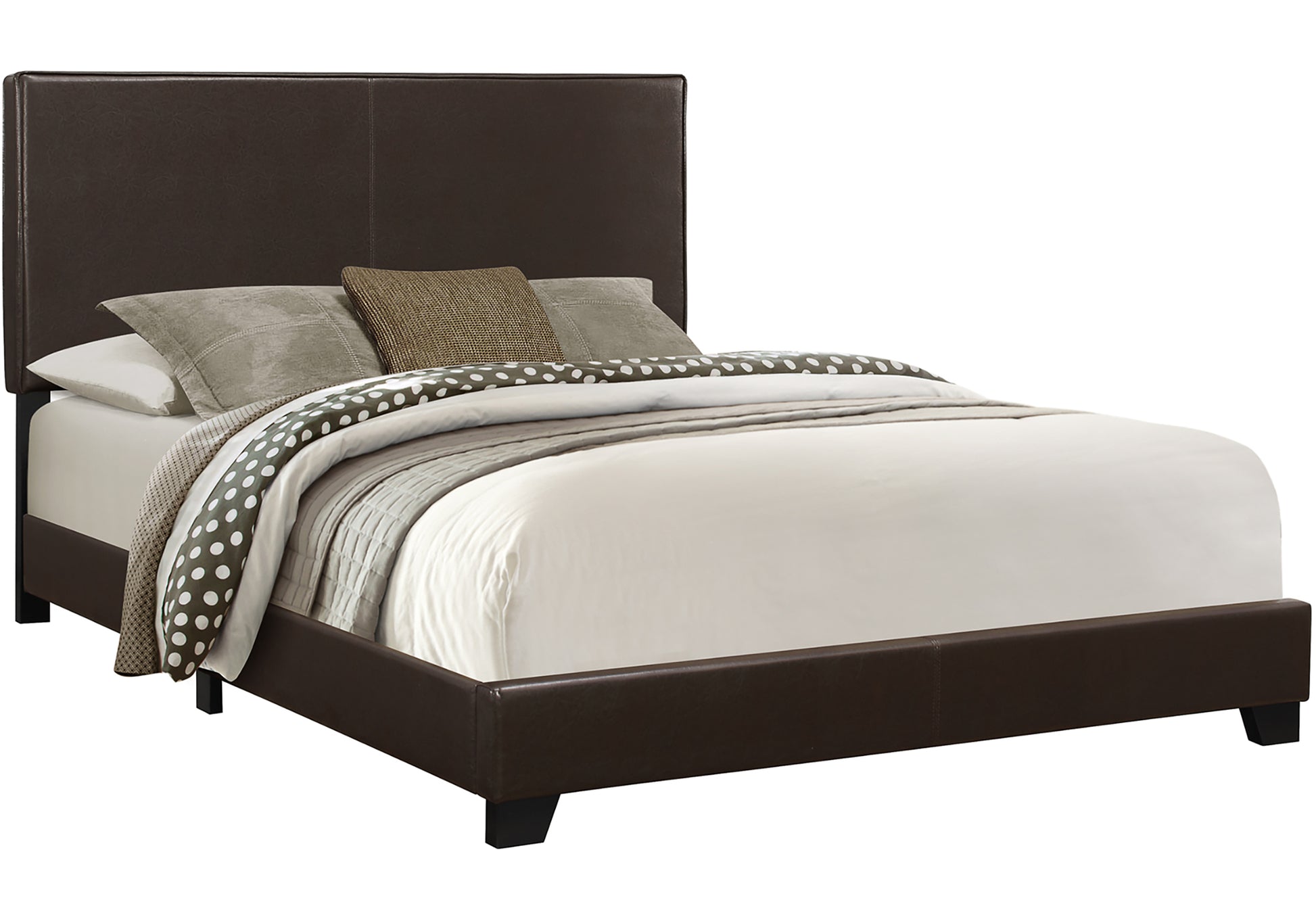 Modern dark brown faux leather platform bed with clean lines and upholstered headboard