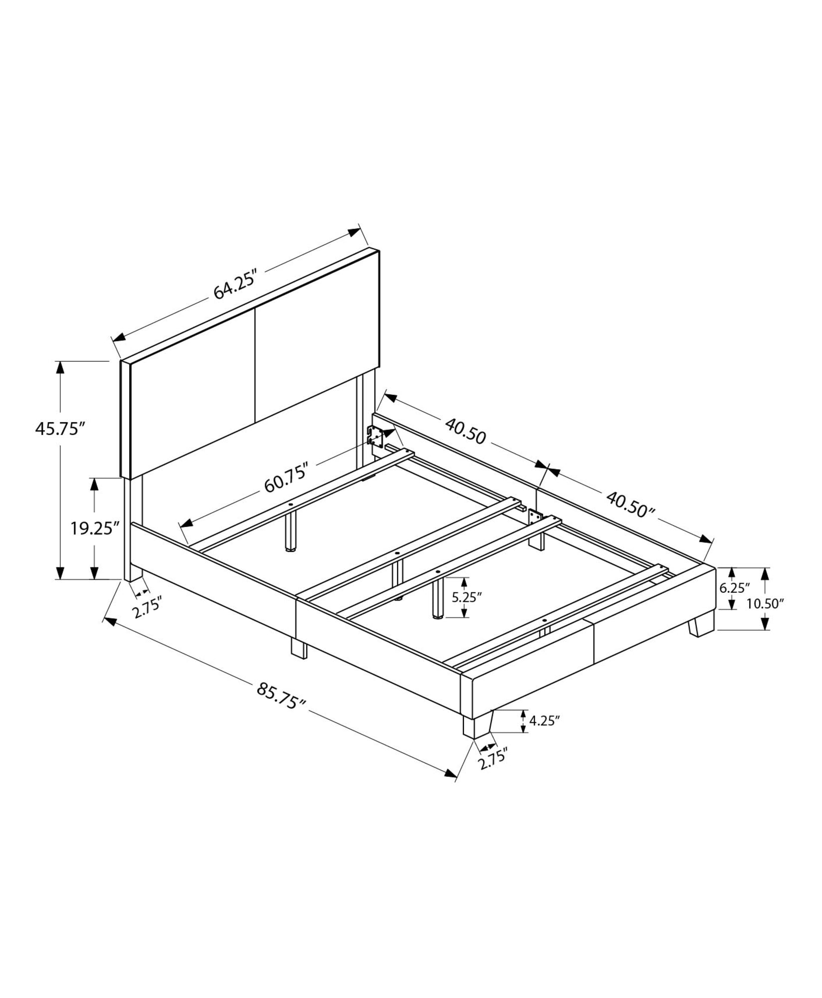 Diagram of a queen bed frame with headboard showing dimensions for width and height