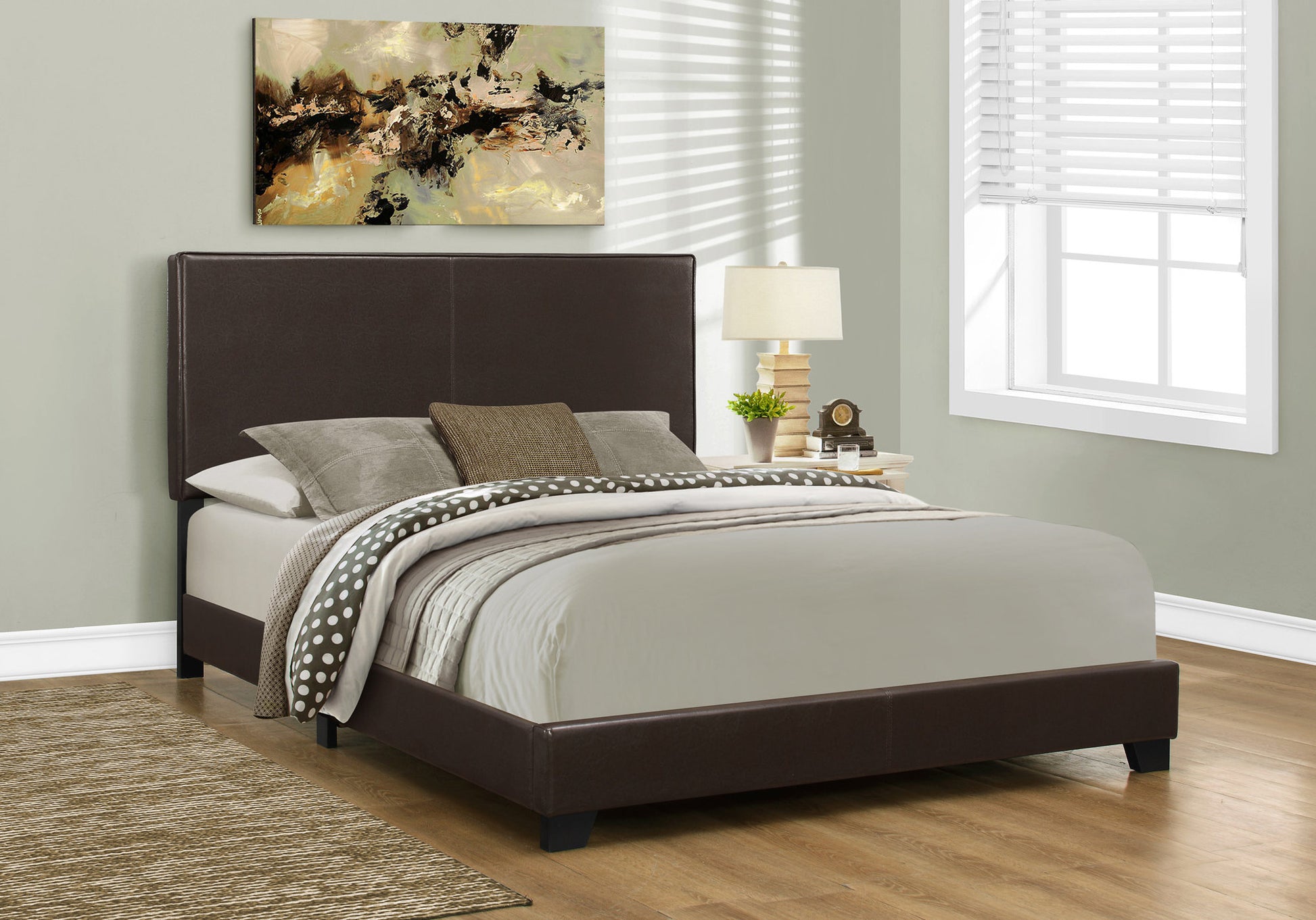 Dark brown faux leather queen platform bed with tufted headboard and modern design