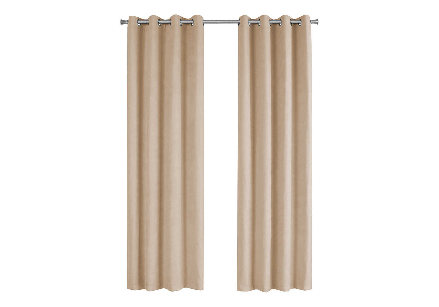 Beige velvet curtains with grommets for easy hanging on a rod